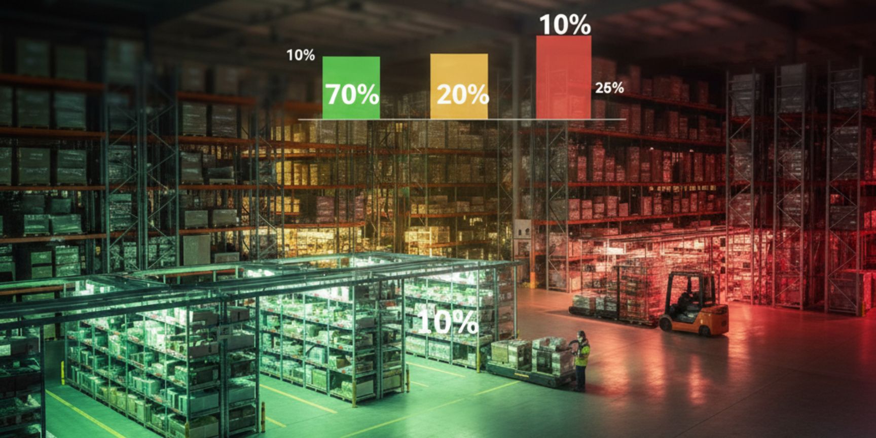 A dynamic interior view of a logistics warehouse divided into zones of ABC analysis by colored light. The front area glows light green (A-article), the middle one yellow (B-article) and the rear area red (C-article), which shows the prioritization of fast-moving items. Above the scene, three floating, color-coded bar graphs with percentages visualize the numerical distribution of quantity and value, without text.